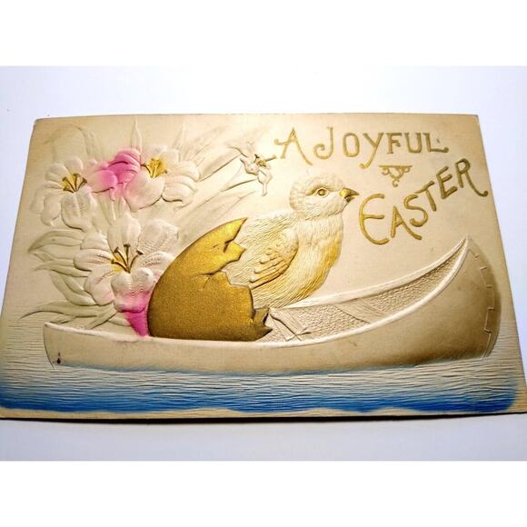Easter Postcard Raised Image Baby Chick Fantasy In Canoe Boat Airbrushed 1911 - Picture 2 of 3
